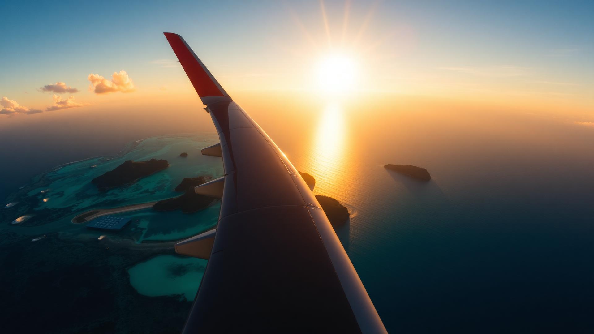 Avião sobre o oceano ao pôr do sol